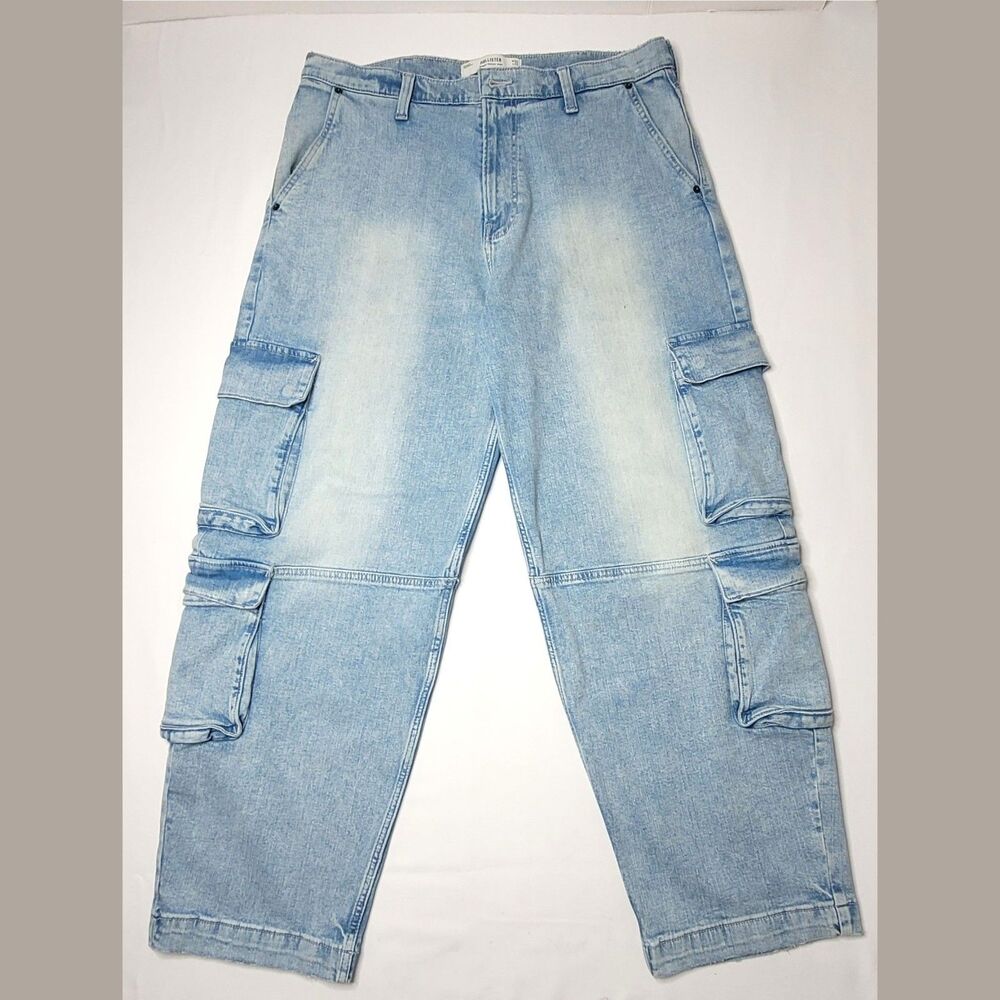 Hollister Baggy Skater Cargo Jeans Mens 36x32 Light Wash Wide Leg
